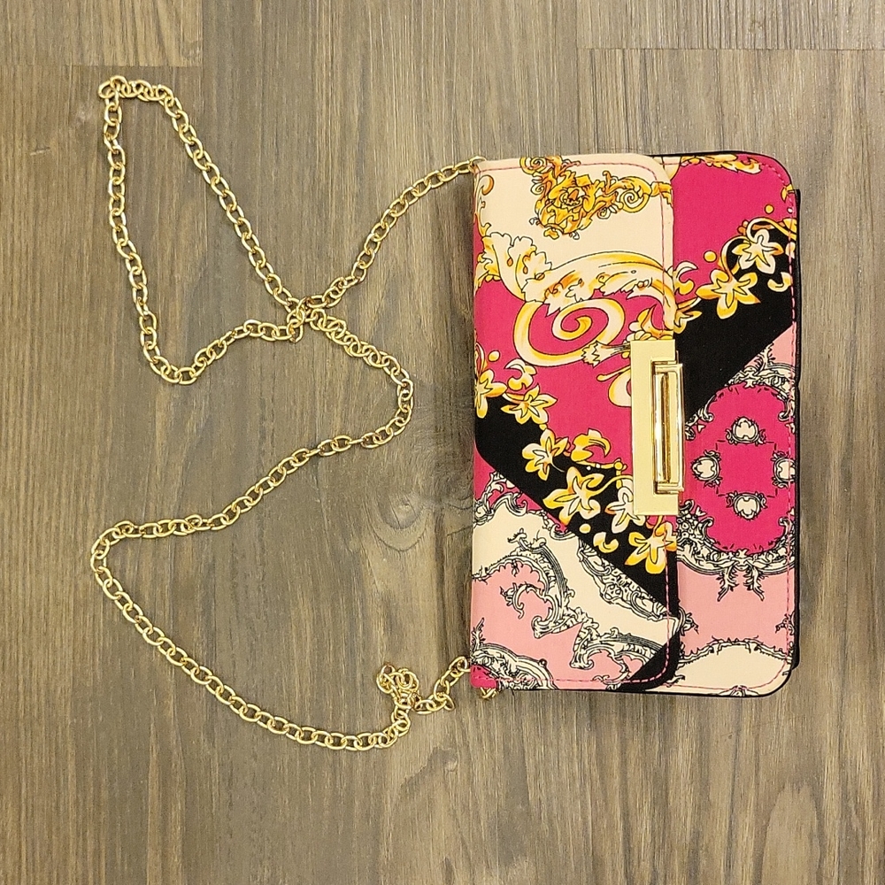 Pink/Black/White, Gold Chain, Clutch/Purse